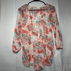 LC Lauren Conrad Floral Blouse Small Red Green Sheer Button Front Tunic